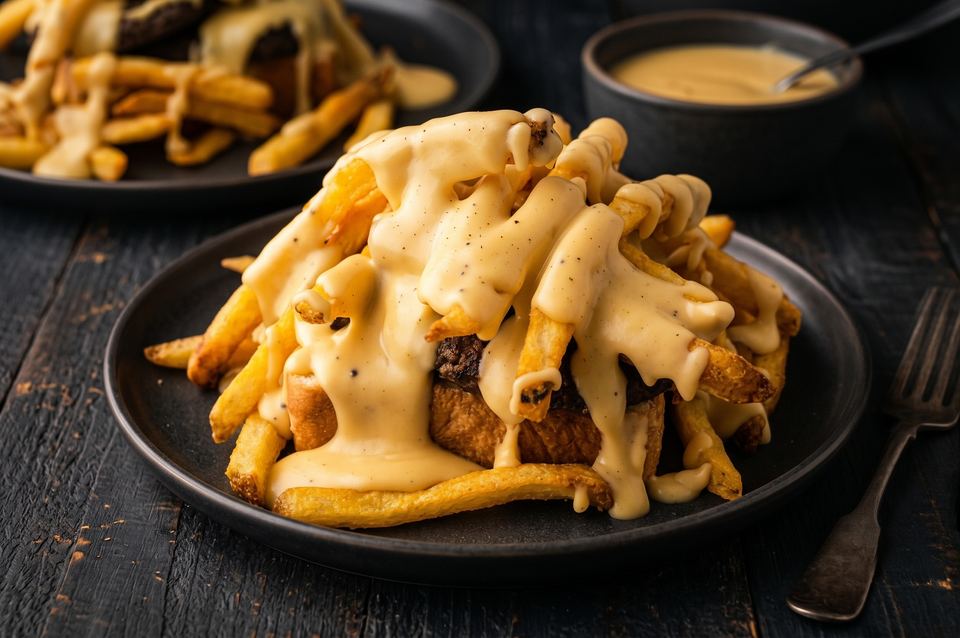 Golden cheese curds under warm cheese sauce on a dark plate, with a side of fries and a cup of sauce